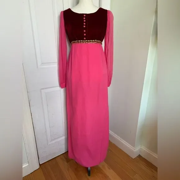 1970s Fuchsia Pink and Red Velvet Holiday Cottagecore Maxi Dress - Picture 2 of 15
